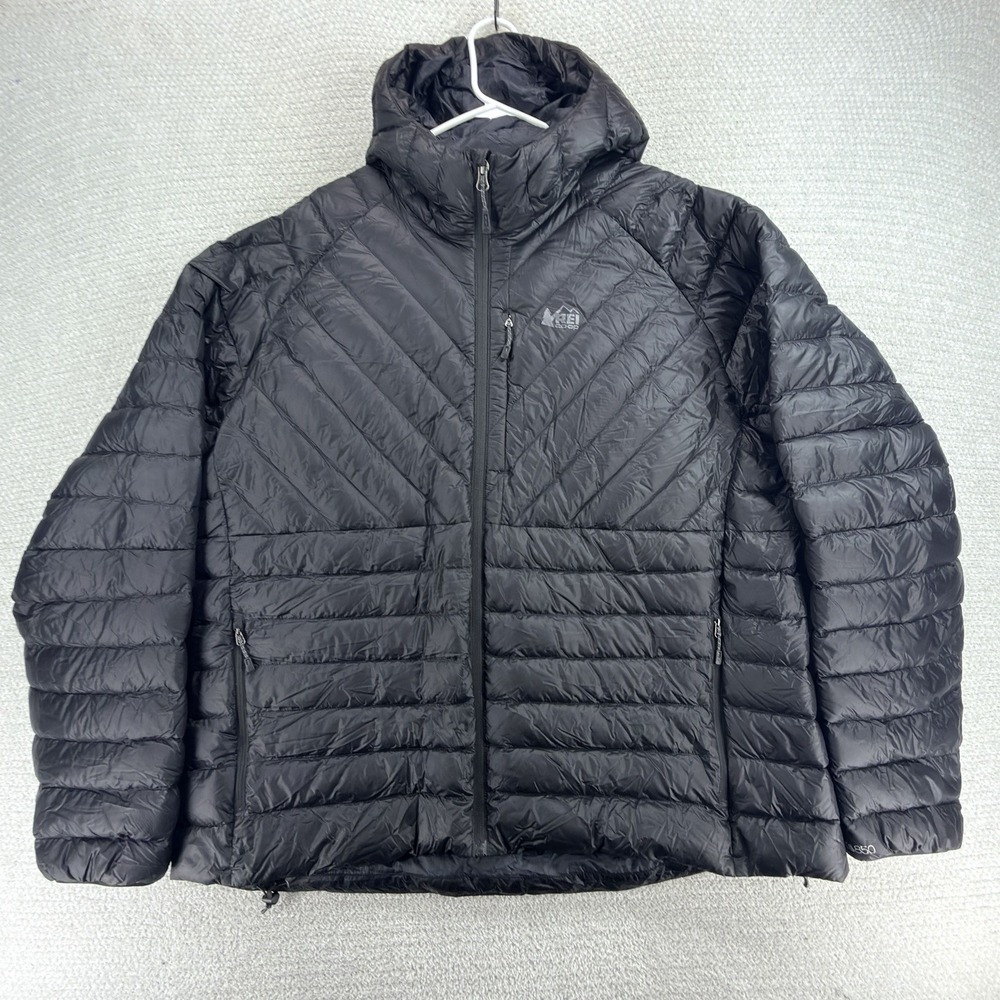 REI Co-op Magma 850 Down Hoodie Jacket Mens XXL Black Puffer Full Zip Packable